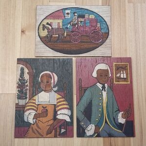 3 Vintage Colonial American Wall Art Set Folk Art Carriage Wood
